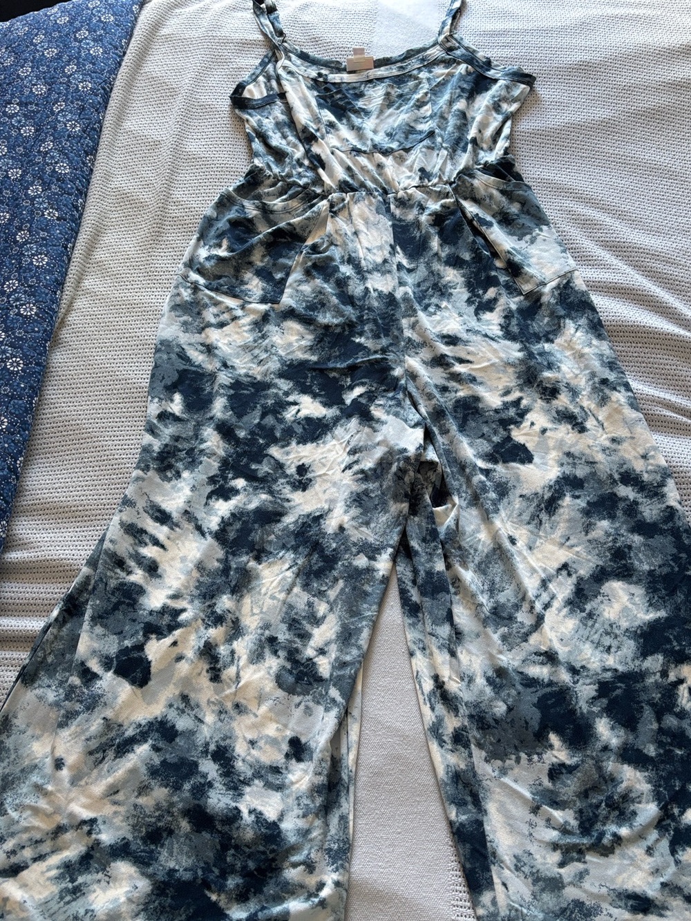 LuLaRoe Blue and White Tie-Dye Leola Wide Leg Cami Jumpsuit